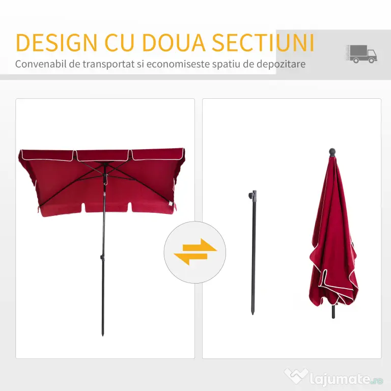 Outsunny Umbrelă de Grădină Dreptunghiulară cu Înălțime Reglabilă, Cadru din Aluminiu, 200x125x235cm, Roșu | Aosom Romania