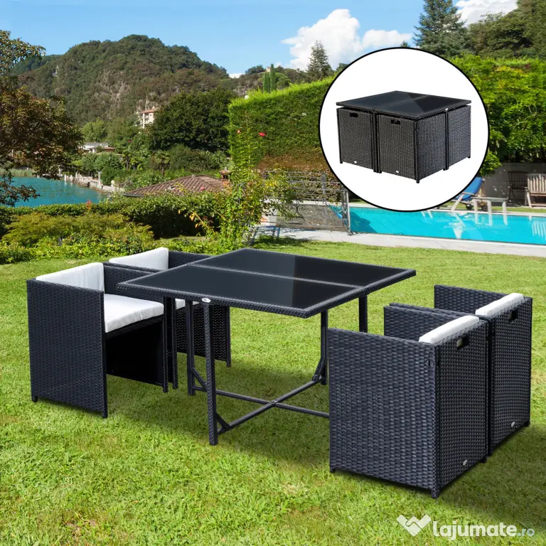 Outsunny Set Mobilier de Grădină cu Masă de Prânz, 4 Scaune și Perne, 109x109x72 cm, Negru | Aosom Romania