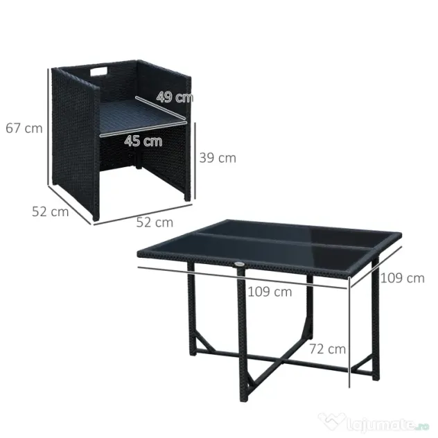 Outsunny Set Mobilier de Grădină cu Masă de Prânz, 4 Scaune și Perne, 109x109x72 cm, Negru | Aosom Romania