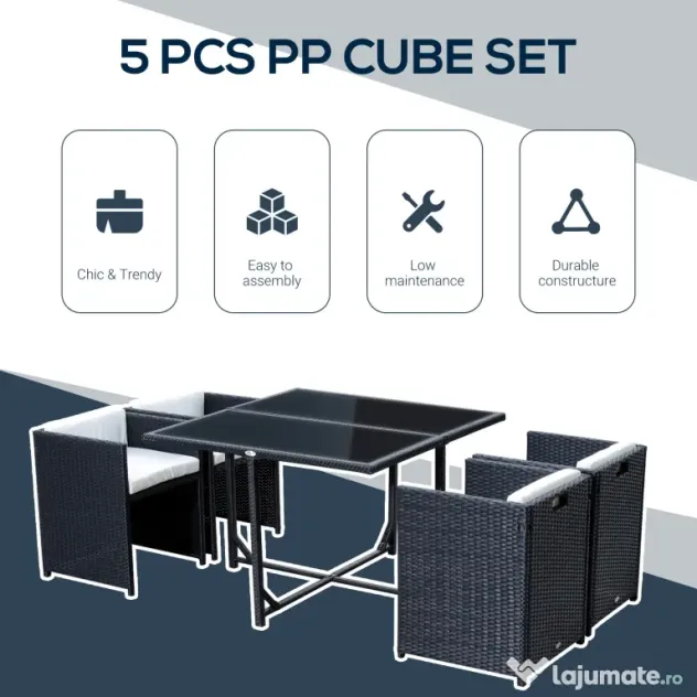 Outsunny Set Mobilier de Grădină cu Masă de Prânz, 4 Scaune și Perne, 109x109x72 cm, Negru | Aosom Romania