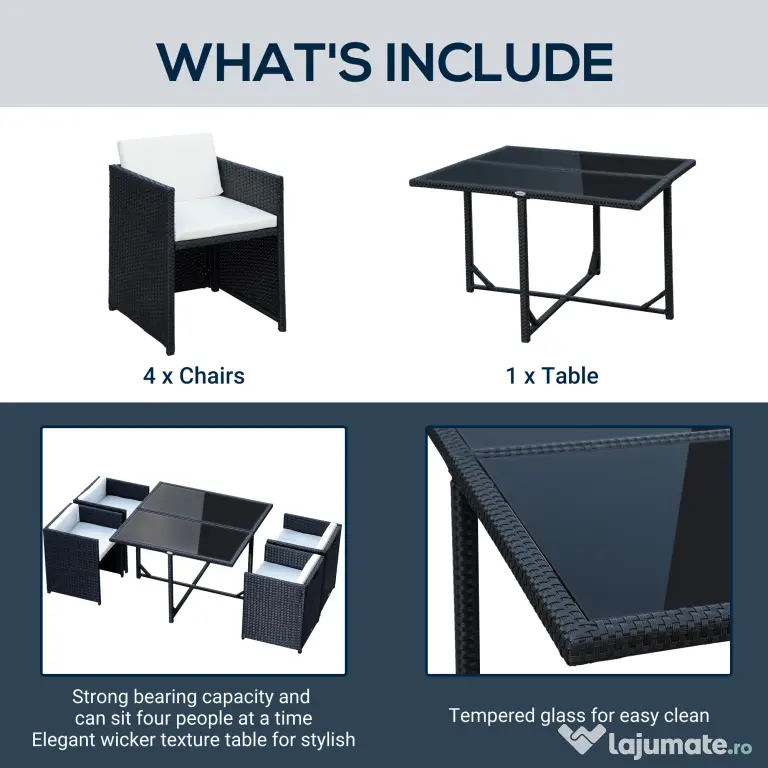 Outsunny Set Mobilier de Grădină cu Masă de Prânz, 4 Scaune și Perne, 109x109x72 cm, Negru | Aosom Romania