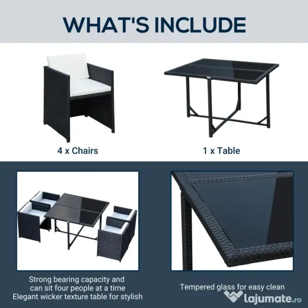 Outsunny Set Mobilier de Grădină cu Masă de Prânz, 4 Scaune și Perne, 109x109x72 cm, Negru | Aosom Romania
