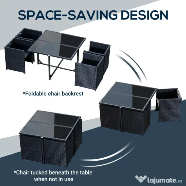 Outsunny Set Mobilier de Grădină cu Masă de Prânz, 4 Scaune și Perne, 109x109x72 cm, Negru | Aosom Romania