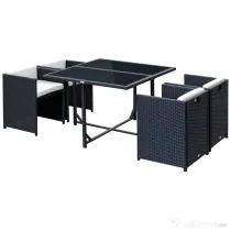 Outsunny Set Mobilier de Grădină cu Masă de Prânz, 4 Scaune și Perne, 109x109x72 cm, Negru