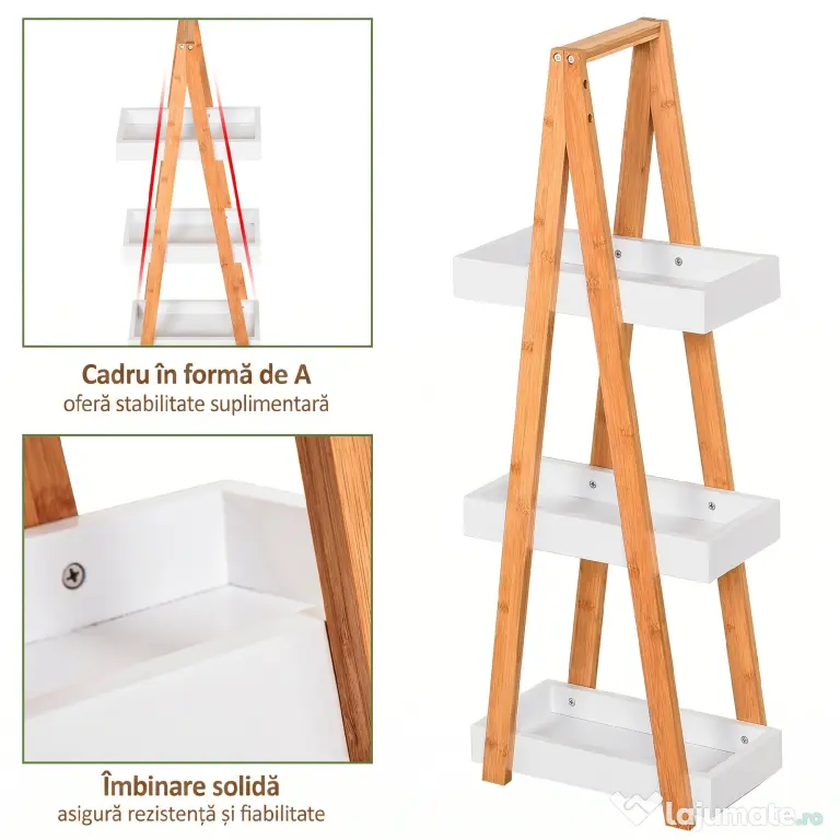 Kleankin Raft Baie cu 3 Rafturi din MDF și Bambus, Dulap Baie, 30x18x81 cm, Lemn | Aosom Romania