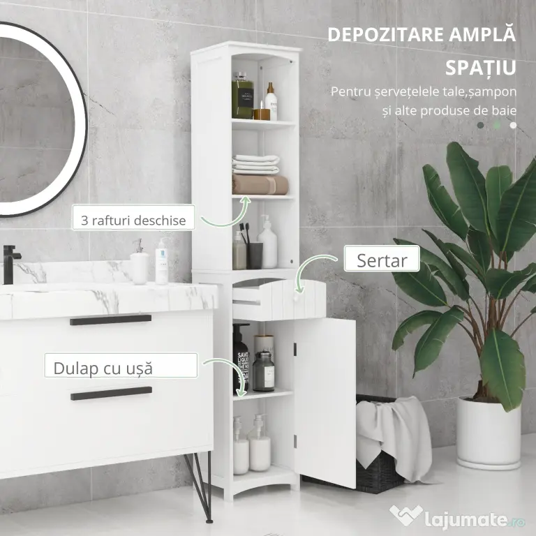 HOMCOM Dulap Înalt de Baie cu 3 Rafturi din MDF, 34x24x170 cm, Alb