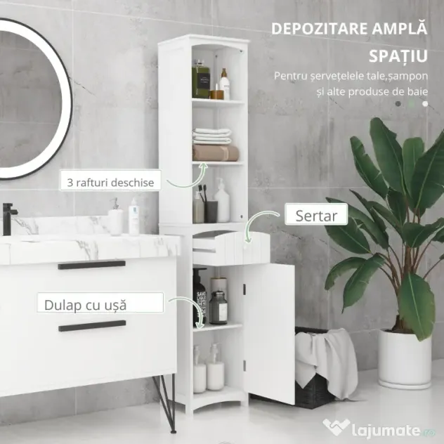 HOMCOM Dulap Înalt de Baie cu 3 Rafturi din MDF, 34x24x170 cm, Alb