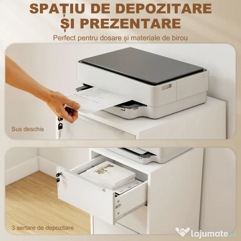 HOMCOM Dulap de Birou cu 3 Sertare cu Chei și 4 Rotile Alb și Gri | Aosom Romania