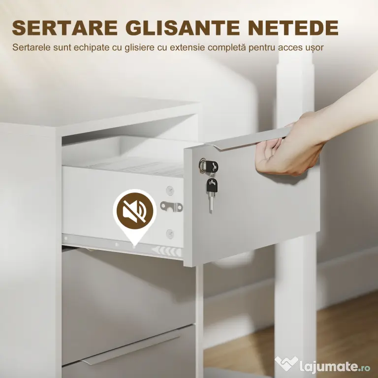 HOMCOM Dulap de Birou cu 3 Sertare cu Chei și 4 Rotile Alb și Gri | Aosom Romania