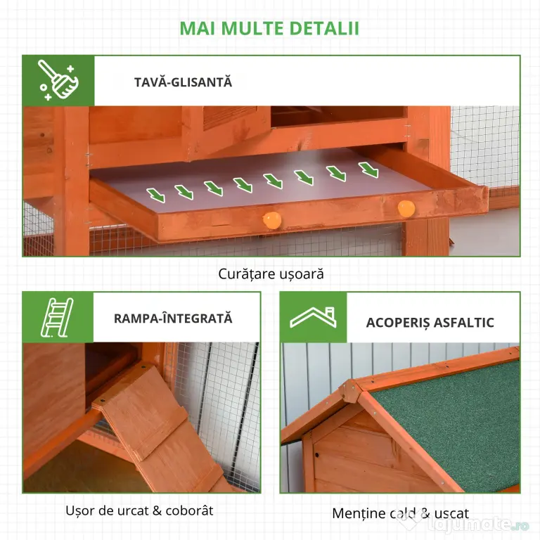 PawHut Cotet din lemn prefabricat cu cuib pentru ouat, compartiment pentru gaini cu tava detasabila, pentru curte interioara si gradina