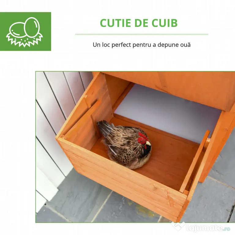 PawHut Cotet din lemn prefabricat cu cuib pentru ouat, compartiment pentru gaini cu tava detasabila, pentru curte interioara si gradina