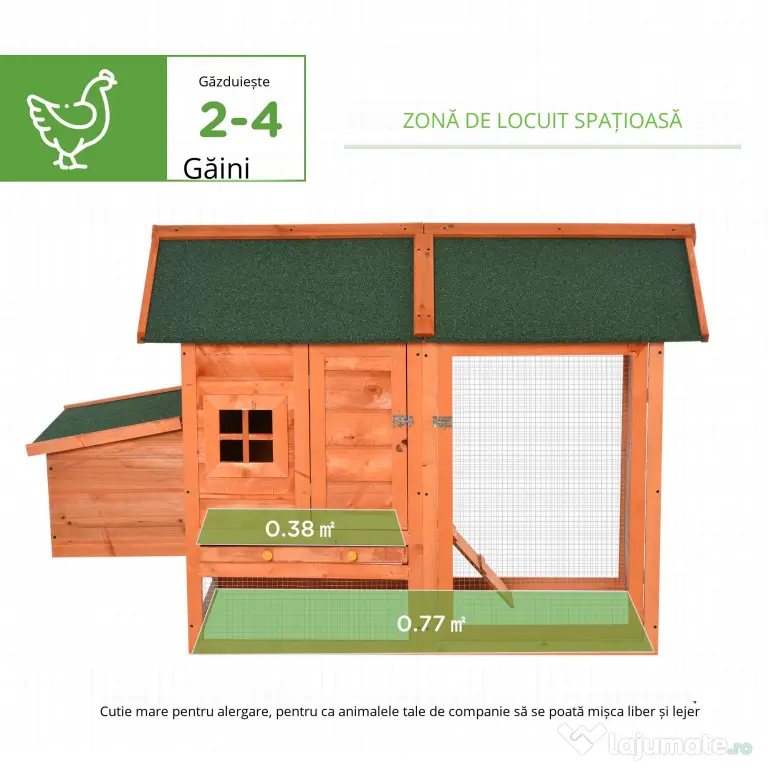 PawHut Cotet din lemn prefabricat cu cuib pentru ouat, compartiment pentru gaini cu tava detasabila, pentru curte interioara si gradina