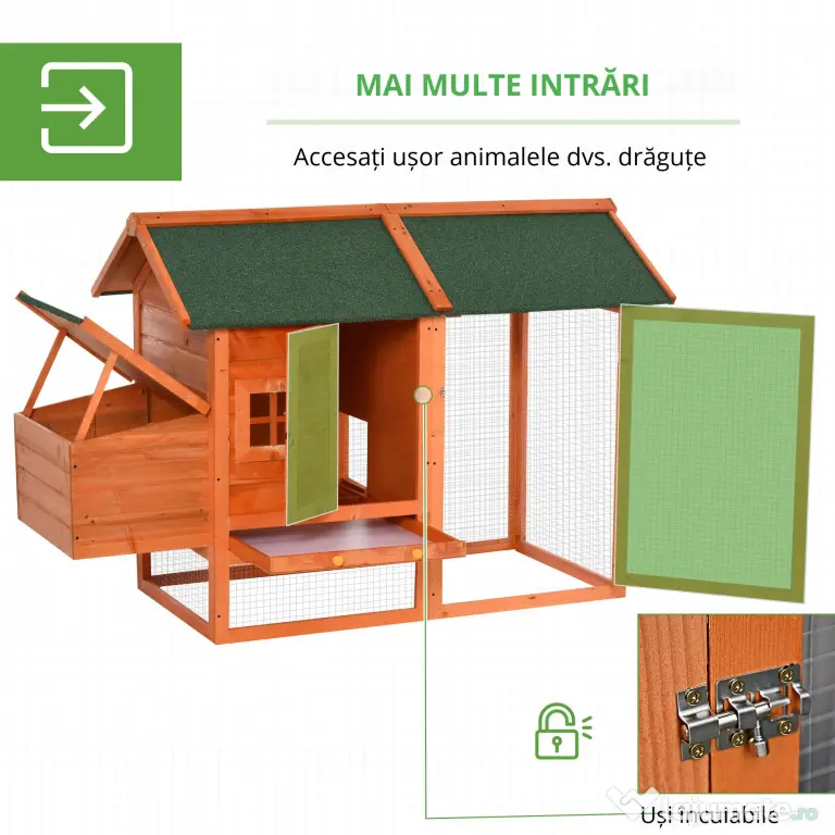 PawHut Cotet din lemn prefabricat cu cuib pentru ouat, compartiment pentru gaini cu tava detasabila, pentru curte interioara si gradina
