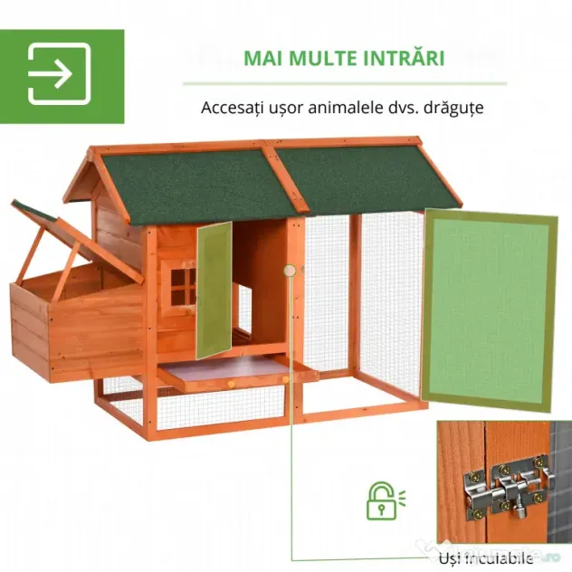 PawHut Cotet din lemn prefabricat cu cuib pentru ouat, compartiment pentru gaini cu tava detasabila, pentru curte interioara si gradina