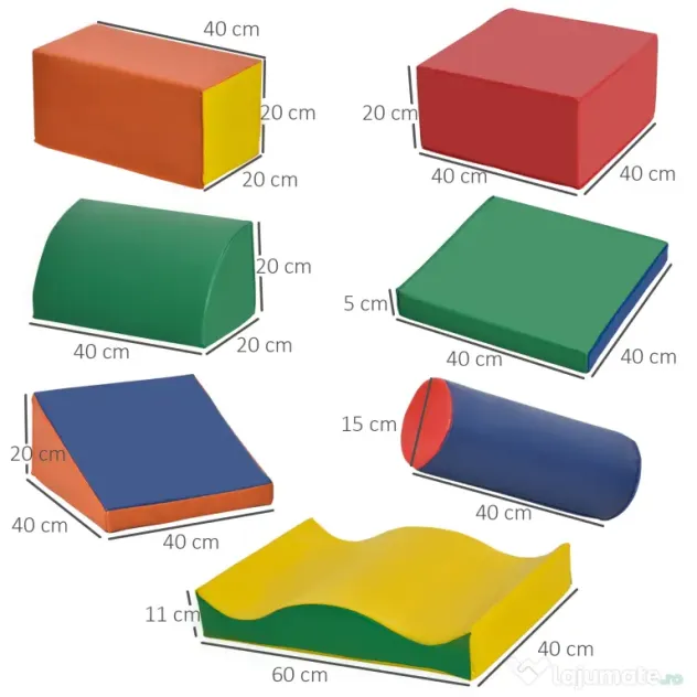 HOMCOM Set de 7 Blocuri de Construcție Moi pentru Copii, Joc Educativ pentru Copii 1-3 Ani, 40x40x20 cm, Multicolor | Aosom Romania