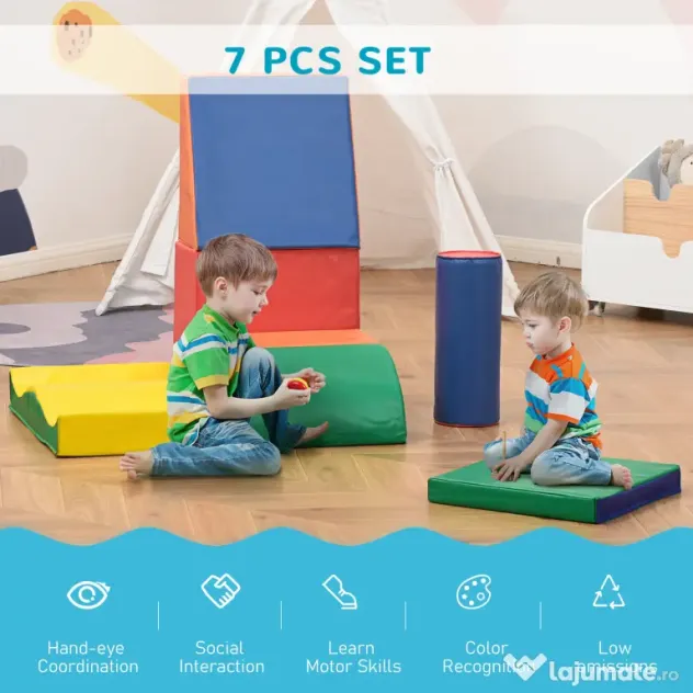 HOMCOM Set de 7 Blocuri de Construcție Moi pentru Copii, Joc Educativ pentru Copii 1-3 Ani, 40x40x20 cm, Multicolor | Aosom Romania