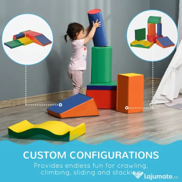 HOMCOM Set de 7 Blocuri de Construcție Moi pentru Copii, Joc Educativ pentru Copii 1-3 Ani, 40x40x20 cm, Multicolor | Aosom Romania
