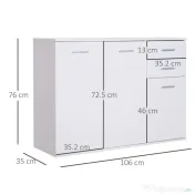 HOMCOM Dulapior cu 3 Usi si 2 Sertare in Lemn Granulat, Alb, 106x35x76cm 