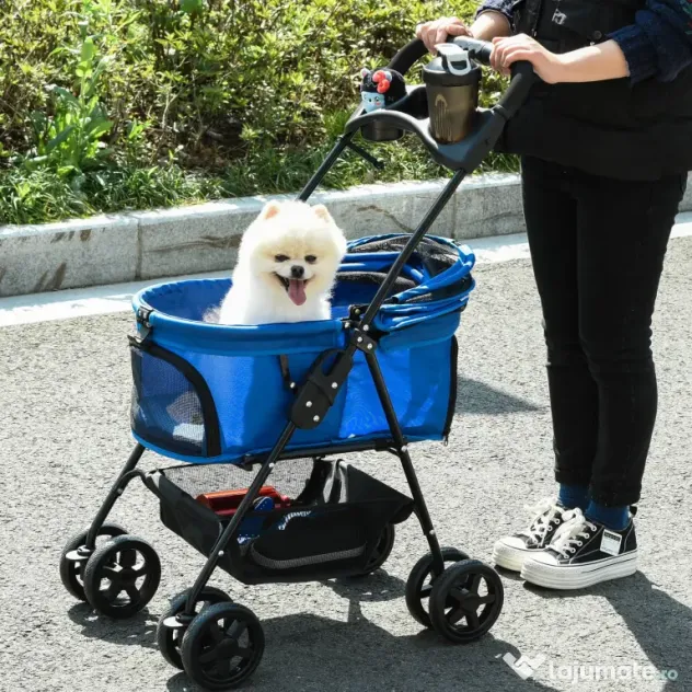 PawHut Carucior pentru Animale Pliabil Centuri de Siguranta Albastru Spatiu Generos | Aosom Romania