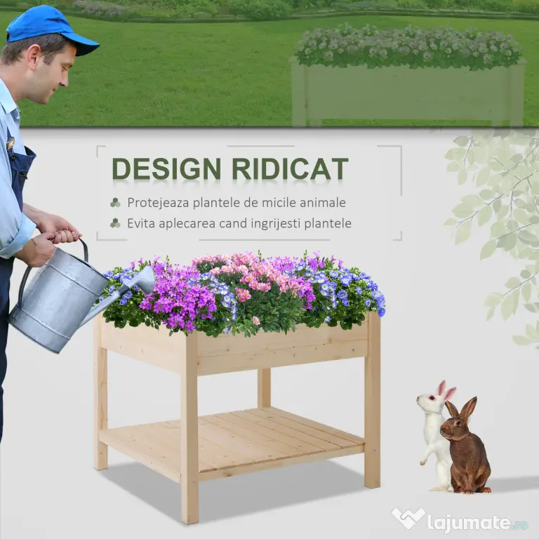 Outsunny Pat de Gradină pentru Flori, Ridicat, cu Husă de Protecție, 91x91x81 cm, Design din Lemn Natural | Aosom Romania