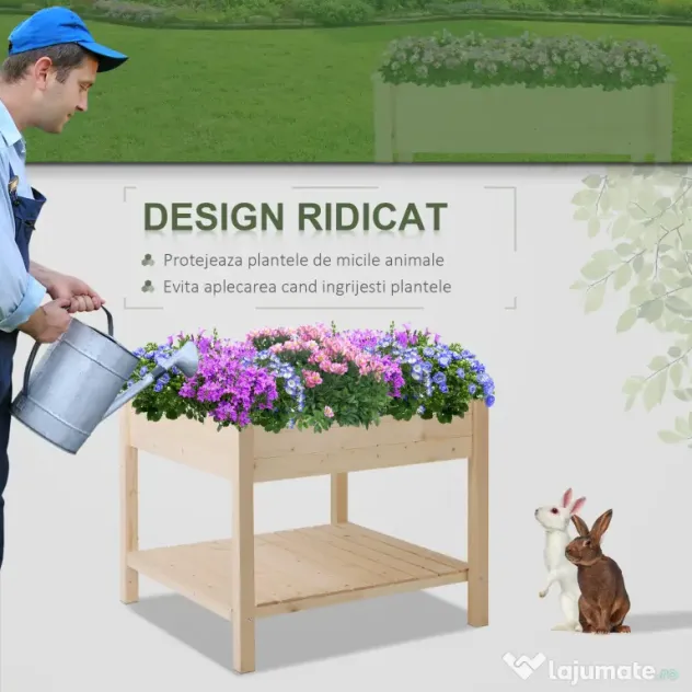 Outsunny Pat de Gradină pentru Flori, Ridicat, cu Husă de Protecție, 91x91x81 cm, Design din Lemn Natural | Aosom Romania