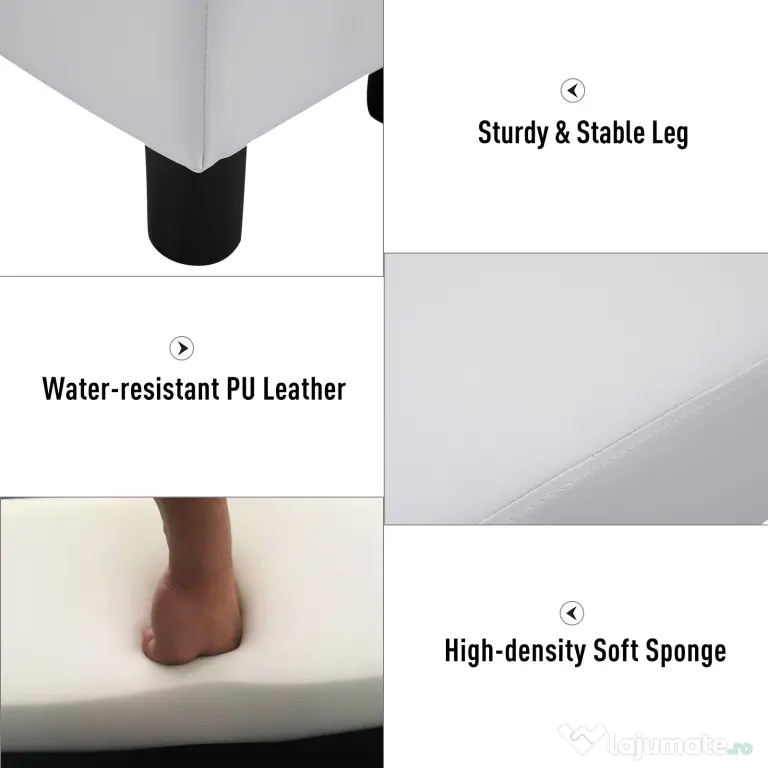 HOMCOM Taburet Dreptunghiular, Îmbrăcat în Piele Artificială, Alb, Design Modern | Aosom Romania