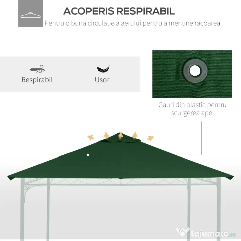 Outsunny Acoperis de Schimb 3x3m, Prelata de Schimb pentru Foisor de Gradina din Poliester cu Orificiu de Ventilatie, Verde | AOSOM RO