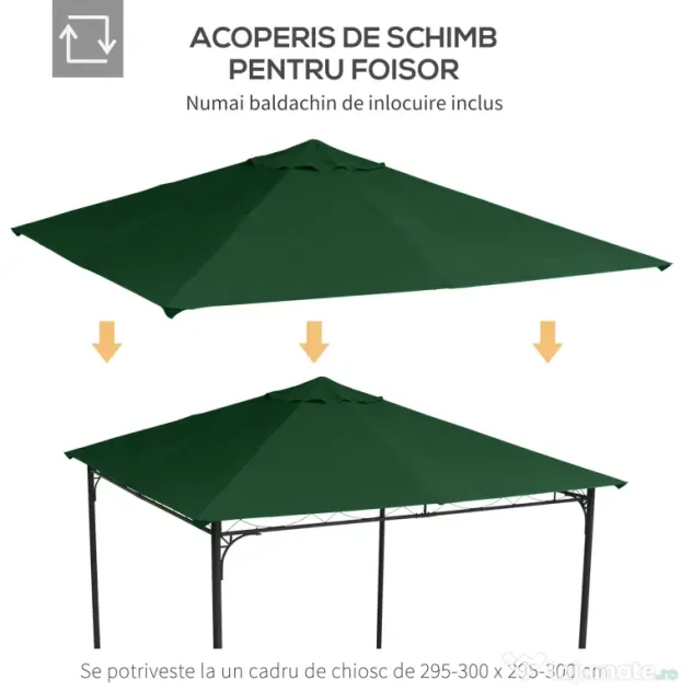 Outsunny Acoperis de Schimb 3x3m, Prelata de Schimb pentru Foisor de Gradina din Poliester cu Orificiu de Ventilatie, Verde | AOSOM RO