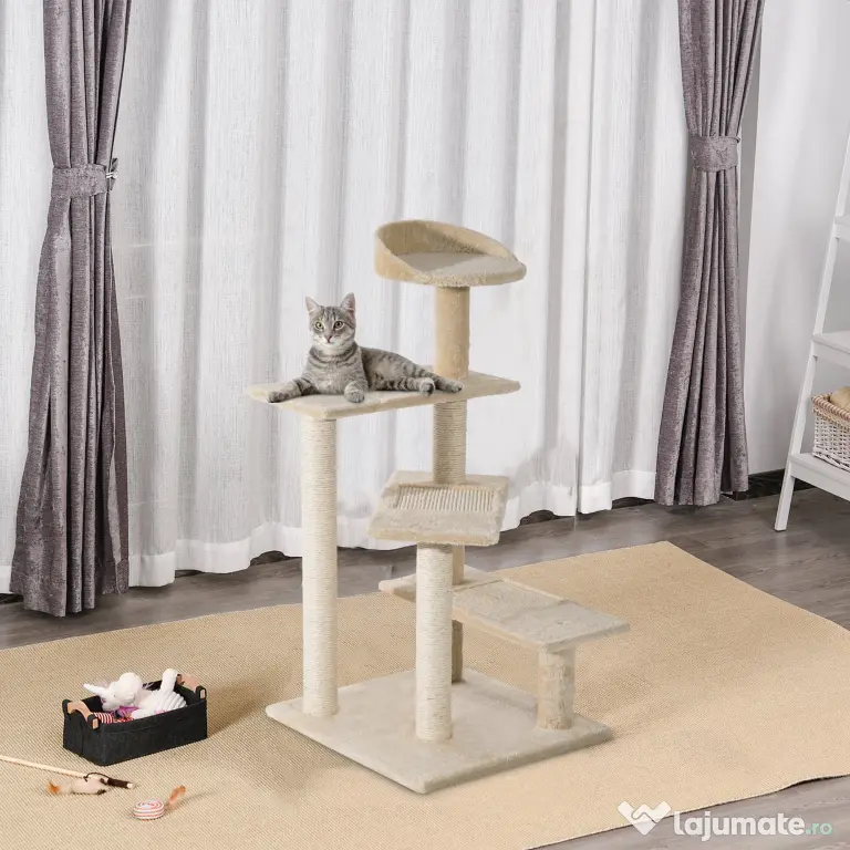PawHut Ansamblu de Joacă Multinivel pentru Pisici cu Stâlp Zgâriat Sisal 50x50x100cm | Aosom Romania