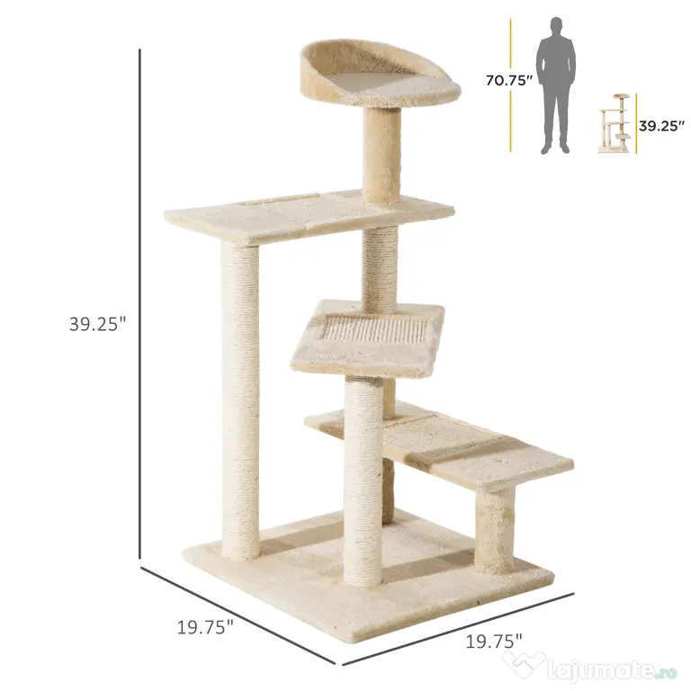 PawHut Ansamblu de Joacă Multinivel pentru Pisici cu Stâlp Zgâriat Sisal 50x50x100cm | Aosom Romania