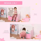 HOMCOM Bancă Depozitare Jucării 2 în 1 din Lemn, Ladă de Depozitare cu Spătar pentru Copii de 3-6 Ani, 60x30x50 cm, Roz | Aosom Romania 