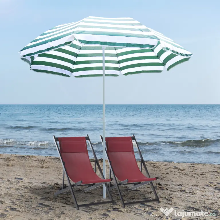Outsunny Umbrelă de Plajă cu Acoperiș Înclinabil la 45°, Ø1.8x2 m, Verde și Alb | Aosom Romania
