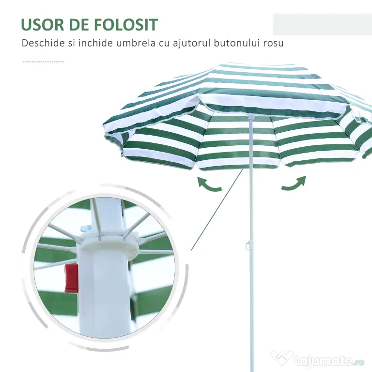 Outsunny Umbrelă de Plajă cu Acoperiș Înclinabil la 45°, Ø1.8x2 m, Verde și Alb | Aosom Romania