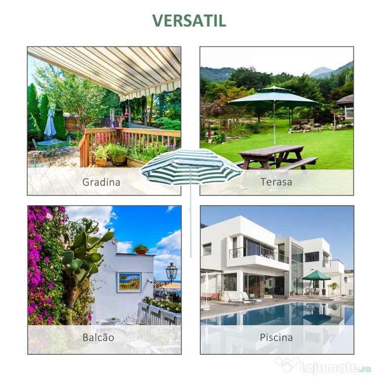 Outsunny Umbrelă de Plajă cu Acoperiș Înclinabil la 45°, Ø1.8x2 m, Verde și Alb | Aosom Romania