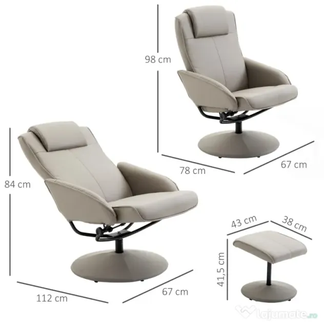 HOMCOM fotoliu cu taburet, din piele sintetica, 98x78x67 cm, gri