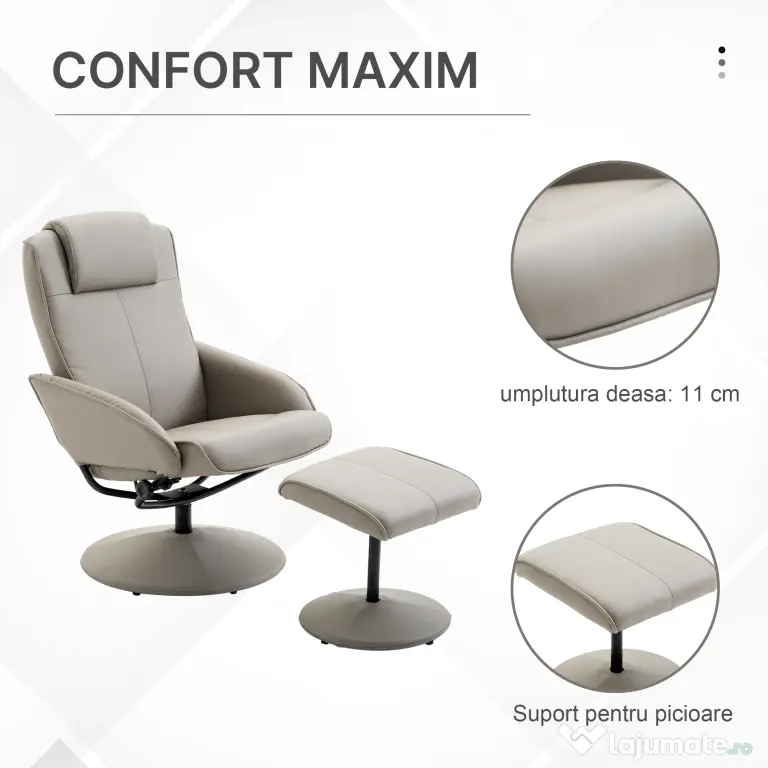 HOMCOM fotoliu cu taburet, din piele sintetica, 98x78x67 cm, gri