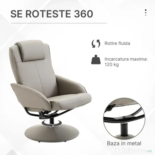 HOMCOM fotoliu cu taburet, din piele sintetica, 98x78x67 cm, gri