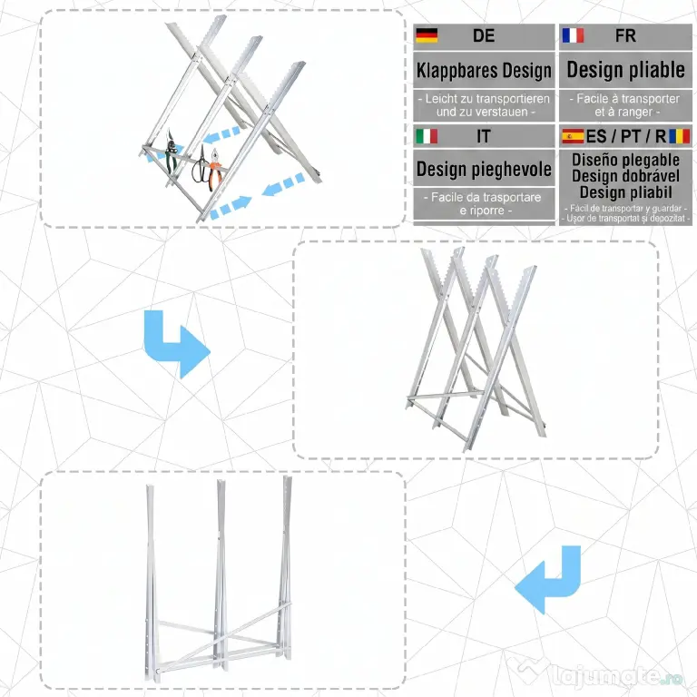 Suport DURHAND pentru Tăierea Lemnului, Pliabil, Triunghiular, cu Dinți Zimțați, Metalic, 83x83x79 cm, Argintiu