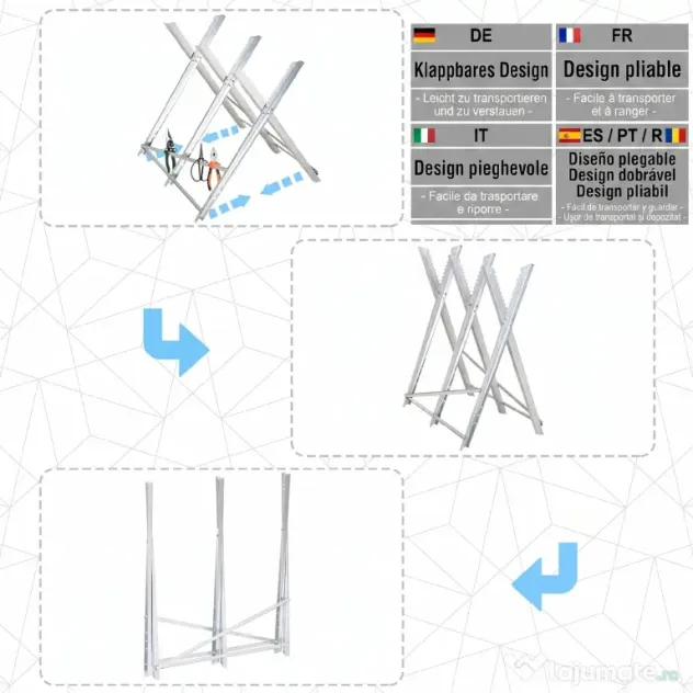 Suport DURHAND pentru Tăierea Lemnului, Pliabil, Triunghiular, cu Dinți Zimțați, Metalic, 83x83x79 cm, Argintiu