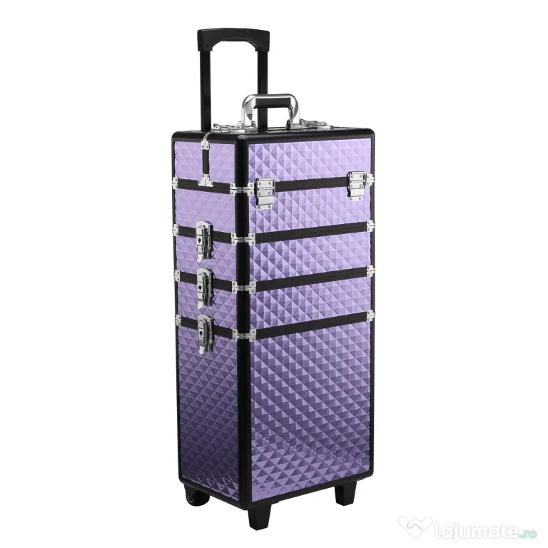 HOMCOM Valiza Make Up Profesionala din Aluminiu Mov cu Trusa Detasabila 33.5 x 23 x 76/95.5cm | Aosom Romania