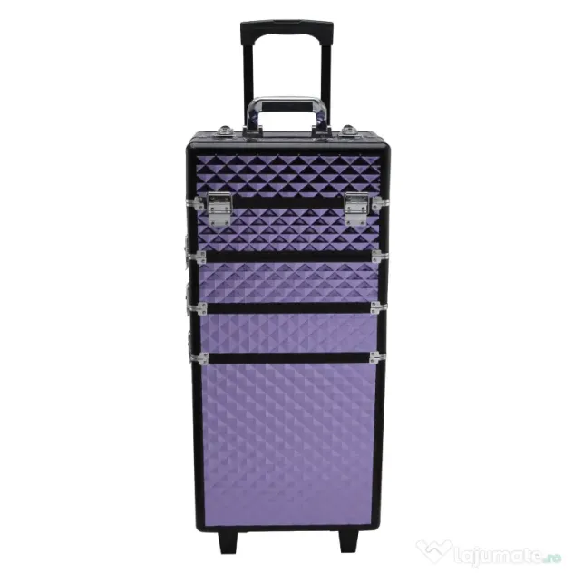 HOMCOM Valiza Make Up Profesionala din Aluminiu Mov cu Trusa Detasabila 33.5 x 23 x 76/95.5cm | Aosom Romania