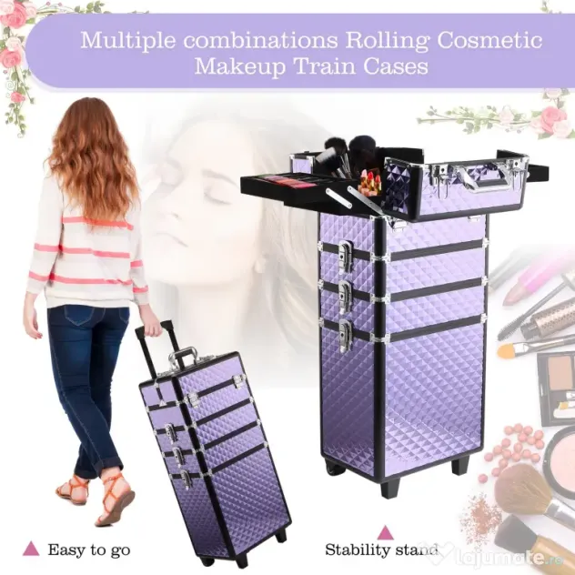 HOMCOM Valiza Make Up Profesionala din Aluminiu Mov cu Trusa Detasabila 33.5 x 23 x 76/95.5cm | Aosom Romania