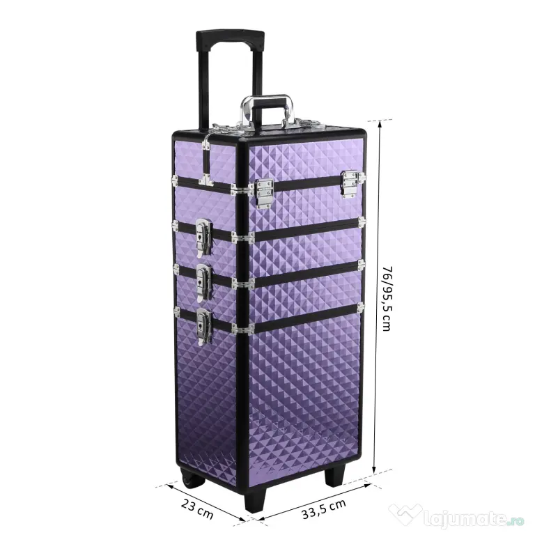 HOMCOM Valiza Make Up Profesionala din Aluminiu Mov cu Trusa Detasabila 33.5 x 23 x 76/95.5cm | Aosom Romania