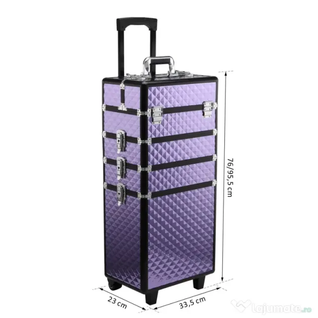 HOMCOM Valiza Make Up Profesionala din Aluminiu Mov cu Trusa Detasabila 33.5 x 23 x 76/95.5cm | Aosom Romania