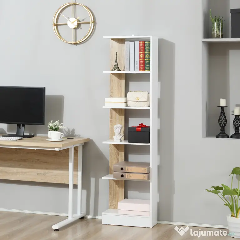 Homcom Raft Perete 5 Rafturi – Stejar & Alb, Design Modern pentru Camera