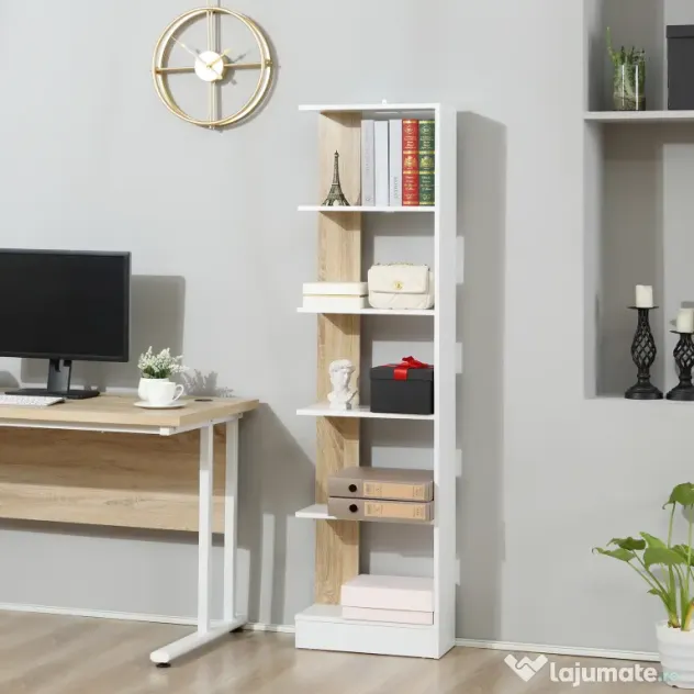 Homcom Raft Perete 5 Rafturi – Stejar & Alb, Design Modern pentru Camera