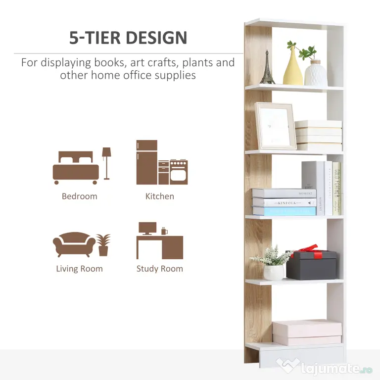Homcom Raft Perete 5 Rafturi – Stejar & Alb, Design Modern pentru Camera