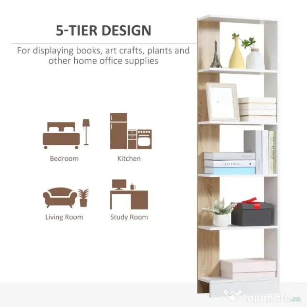 Homcom Raft Perete 5 Rafturi – Stejar & Alb, Design Modern pentru Camera