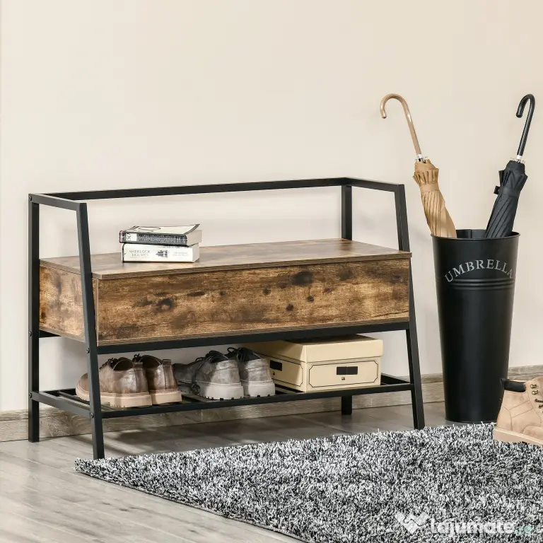 Suport de Pantofi in Stil Industrial Vintage cu Economisire de Spatiu din Lemn si Metal, Maro Rustic, 90x37x60cm HOMCOM | Aosom Romania