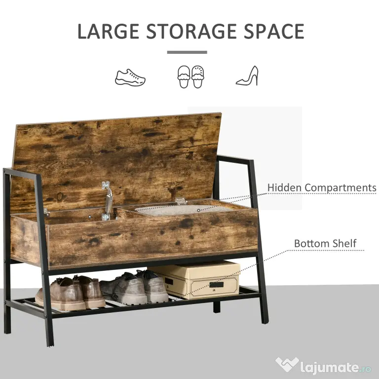 Suport de Pantofi in Stil Industrial Vintage cu Economisire de Spatiu din Lemn si Metal, Maro Rustic, 90x37x60cm HOMCOM | Aosom Romania